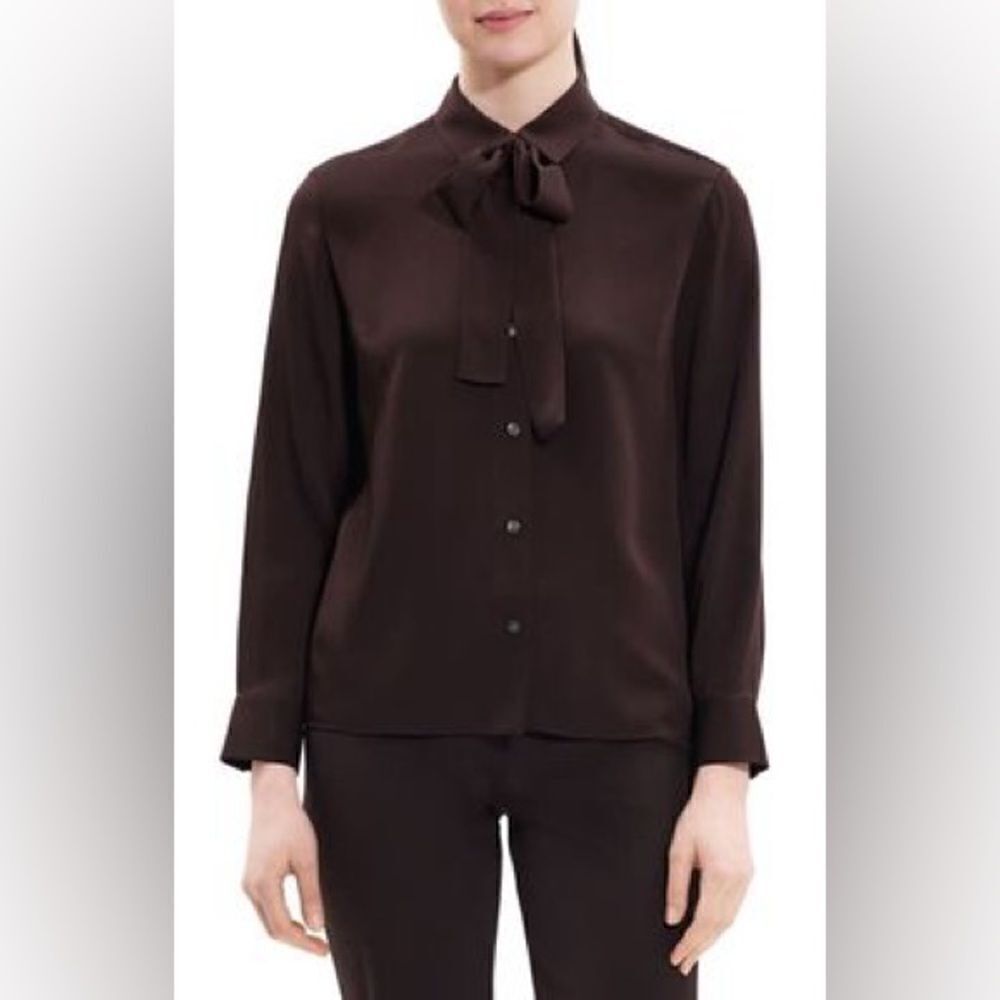 Theory Moder Tie Neck Silk Button-Up Blouse in Mink